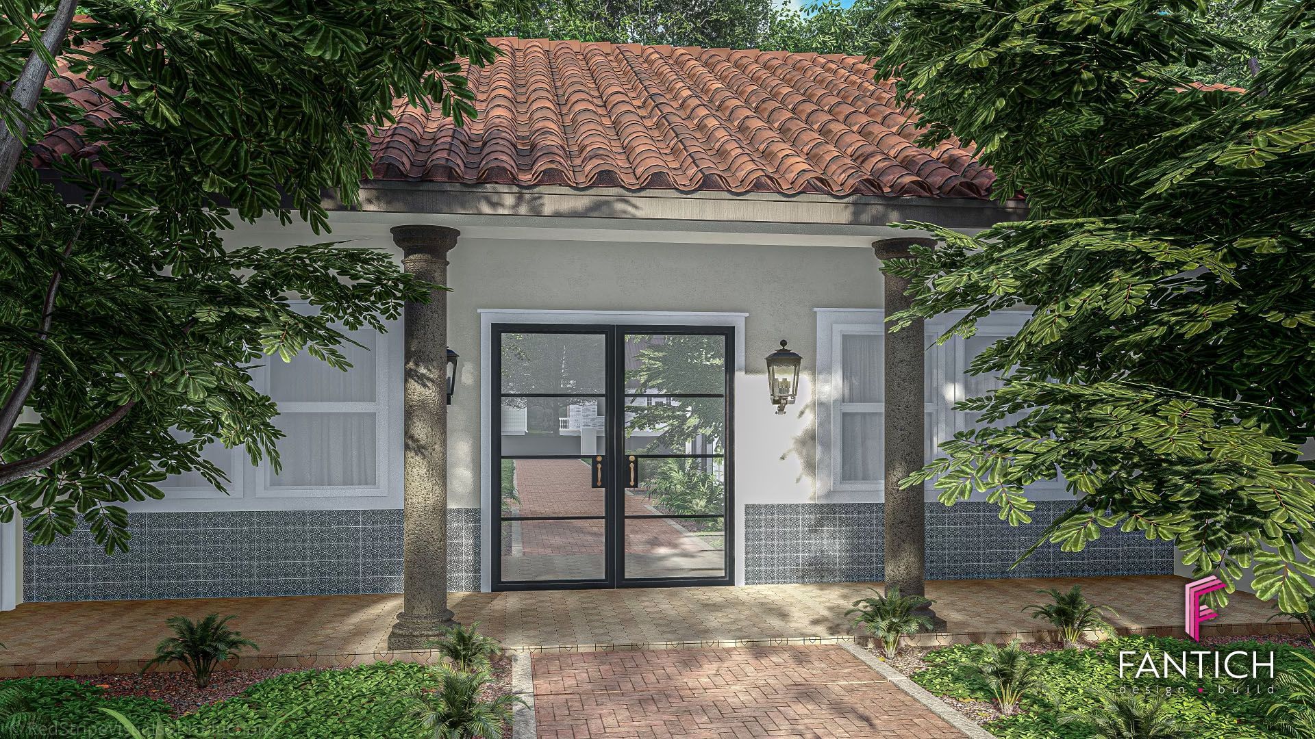 Front entrance of a small house with gray walls, double glass doors, brick walkway, and trees framing the entry