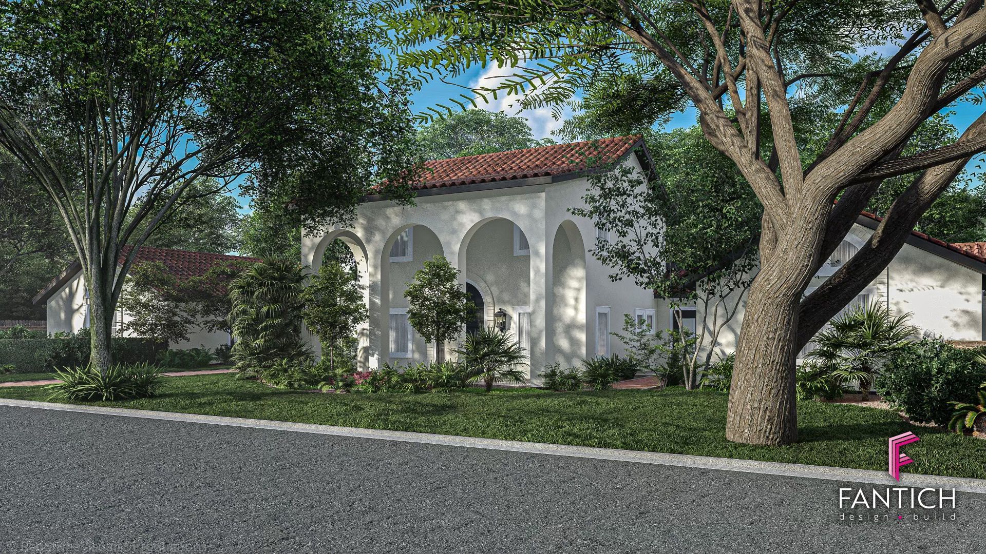 White stucco house with arched porch, red-tile roof, and trees beside a quiet street.