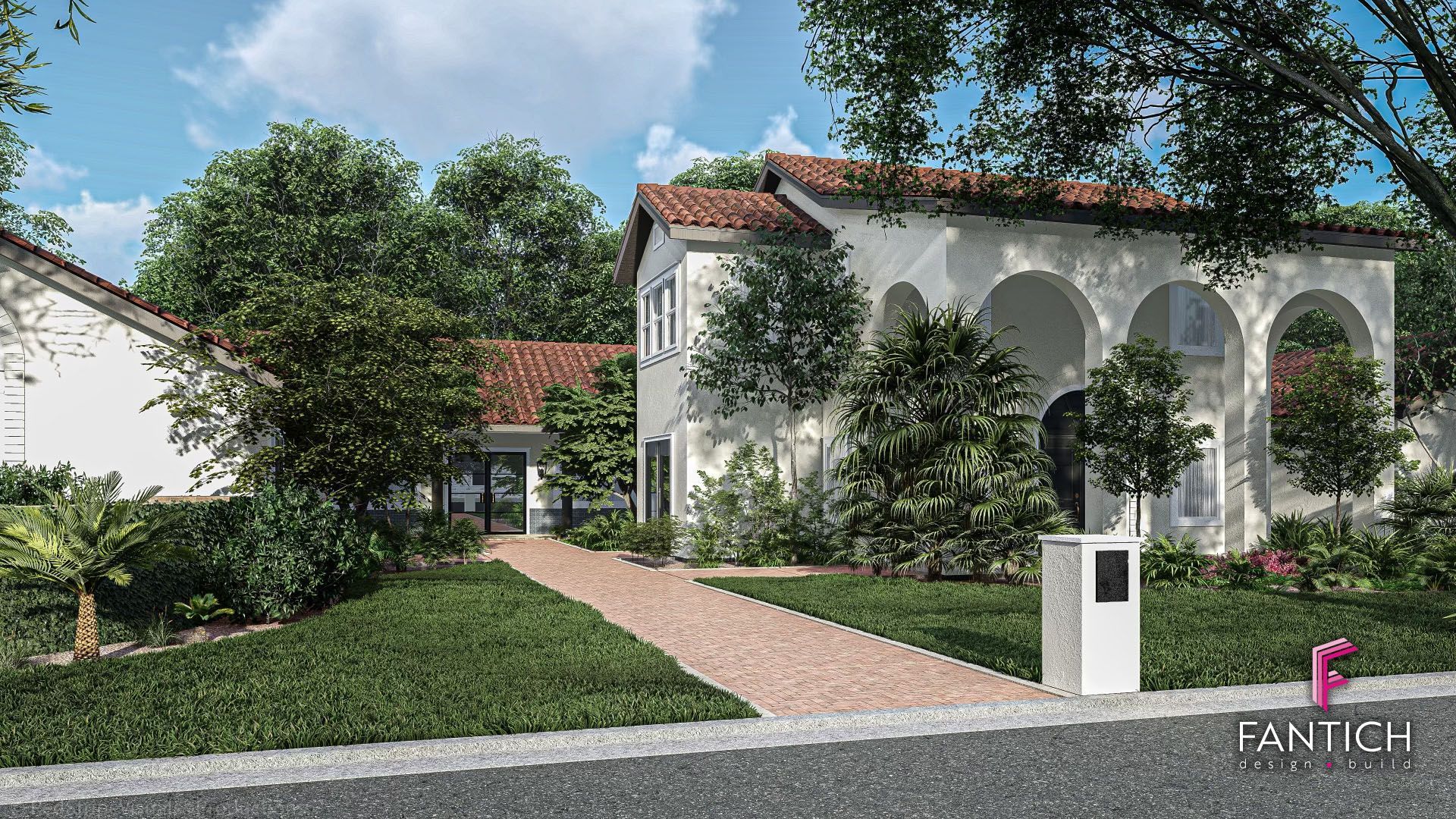 Mediterranean-style house with arched porch, red tile roof, and landscaped front yard under a blue sky