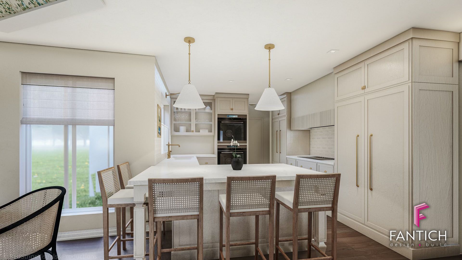 Bright kitchen with white island, bar stools, pendant lights, and tall built-in cabinets
