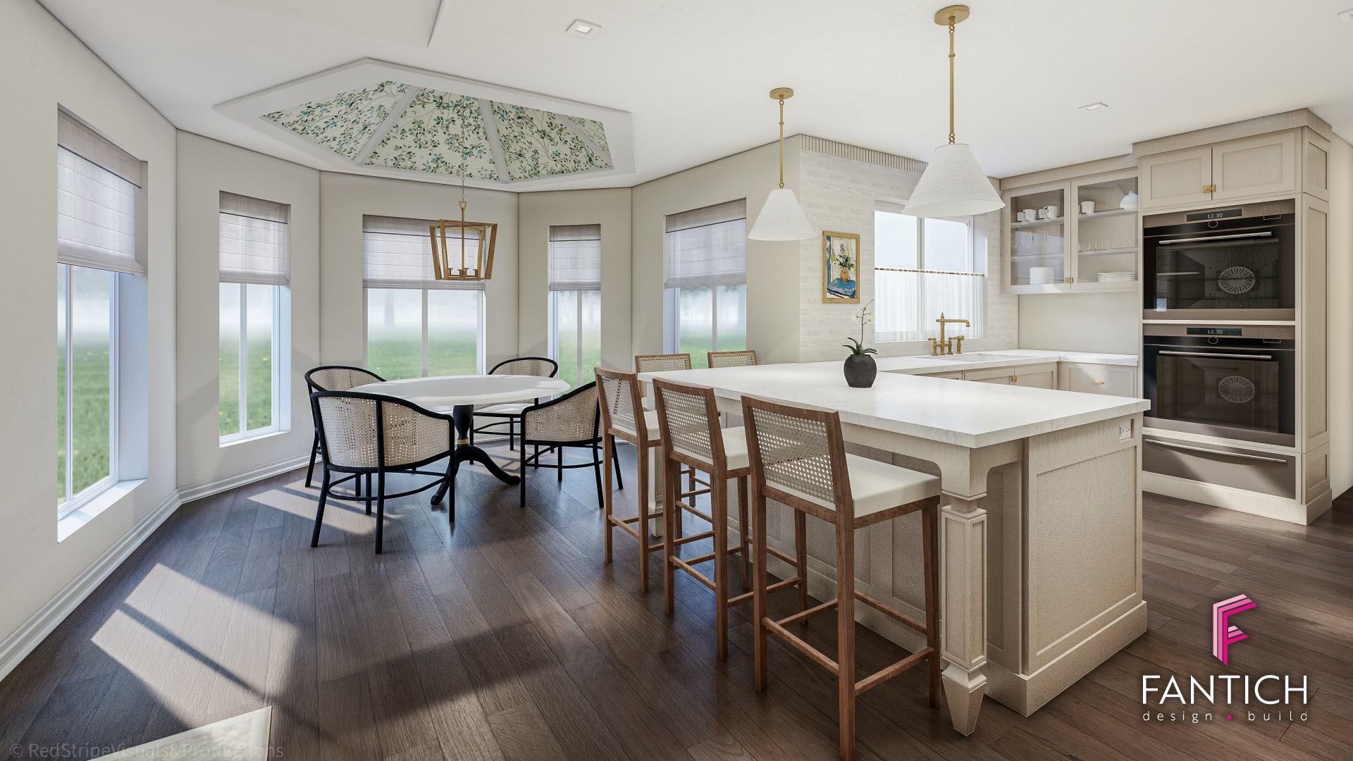 Bright modern kitchen with white cabinets, large island, bar stools, and dining nook by windows
