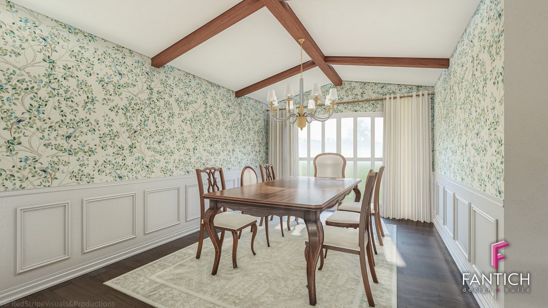 Bright dining room with floral wallpaper, wood-beam ceiling, round table, chairs, and white curtains