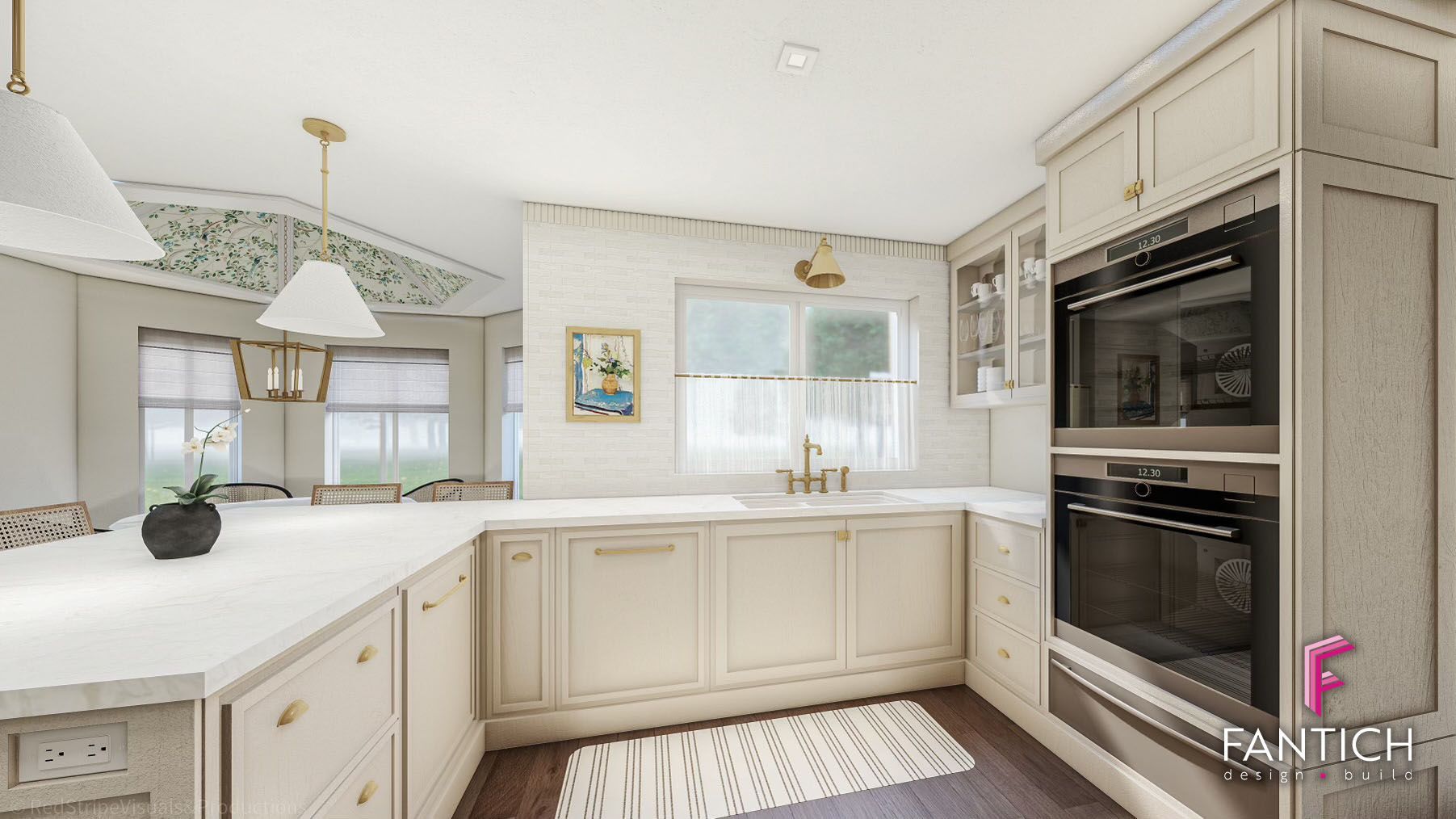Bright white kitchen with beige cabinets, island counter, window light, and built-in oven