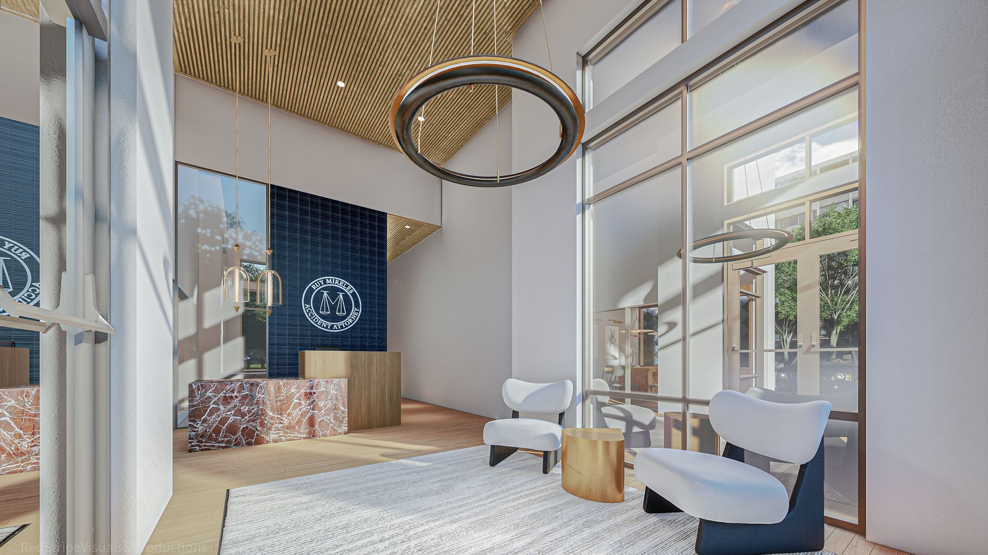 Modern lobby with curved ceiling, blue accent wall, seating area, and large windows