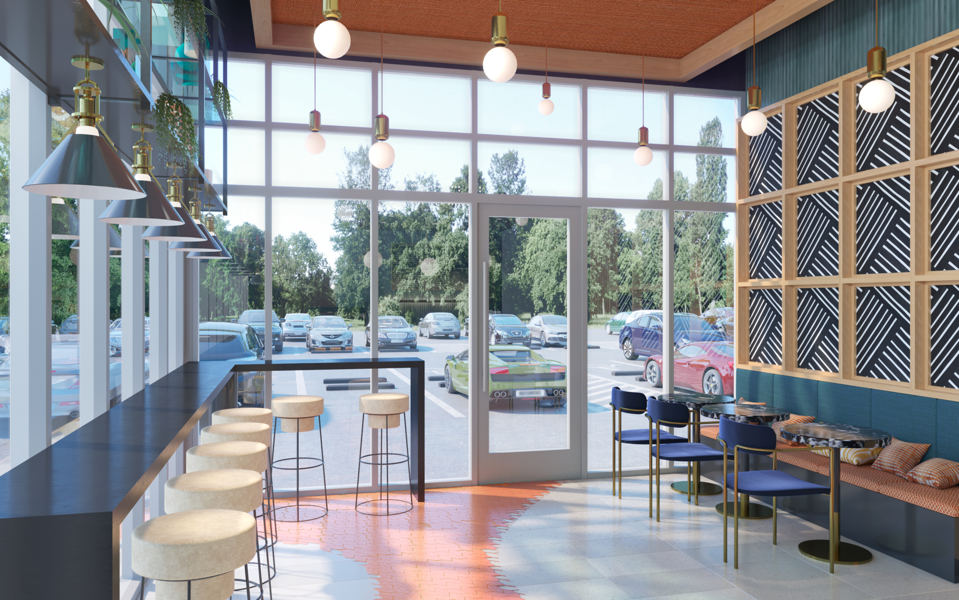 Modern café interior with tall windows, bar stools, hanging lights, and wooden wall decor