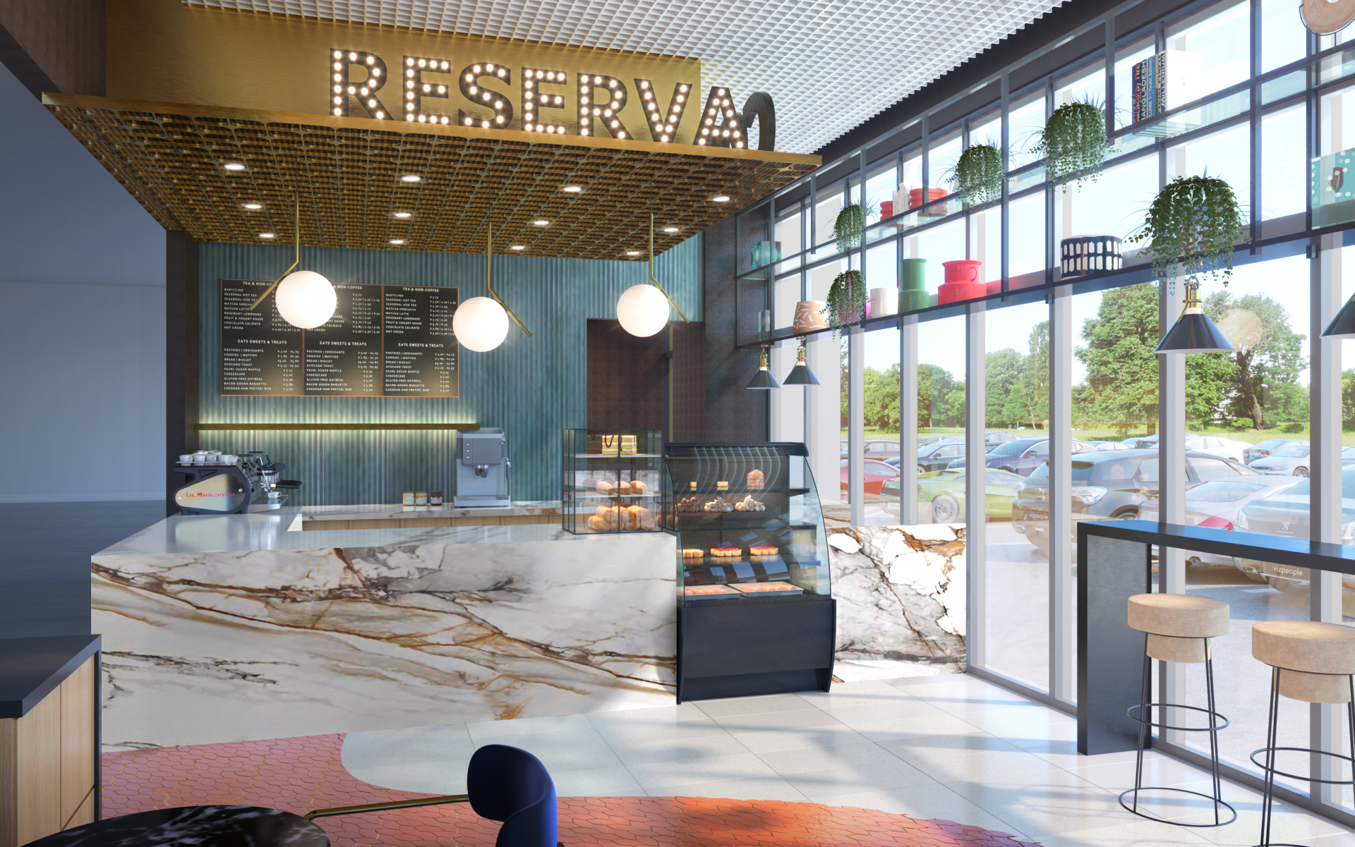 Modern cafe interior with marble counter, gold RESERVA sign, pendant lights, and large windows.