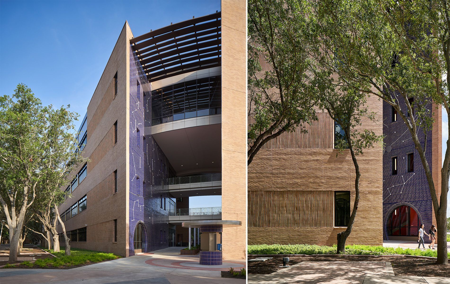 Modern brick building with balconies and trees in a landscaped courtyard