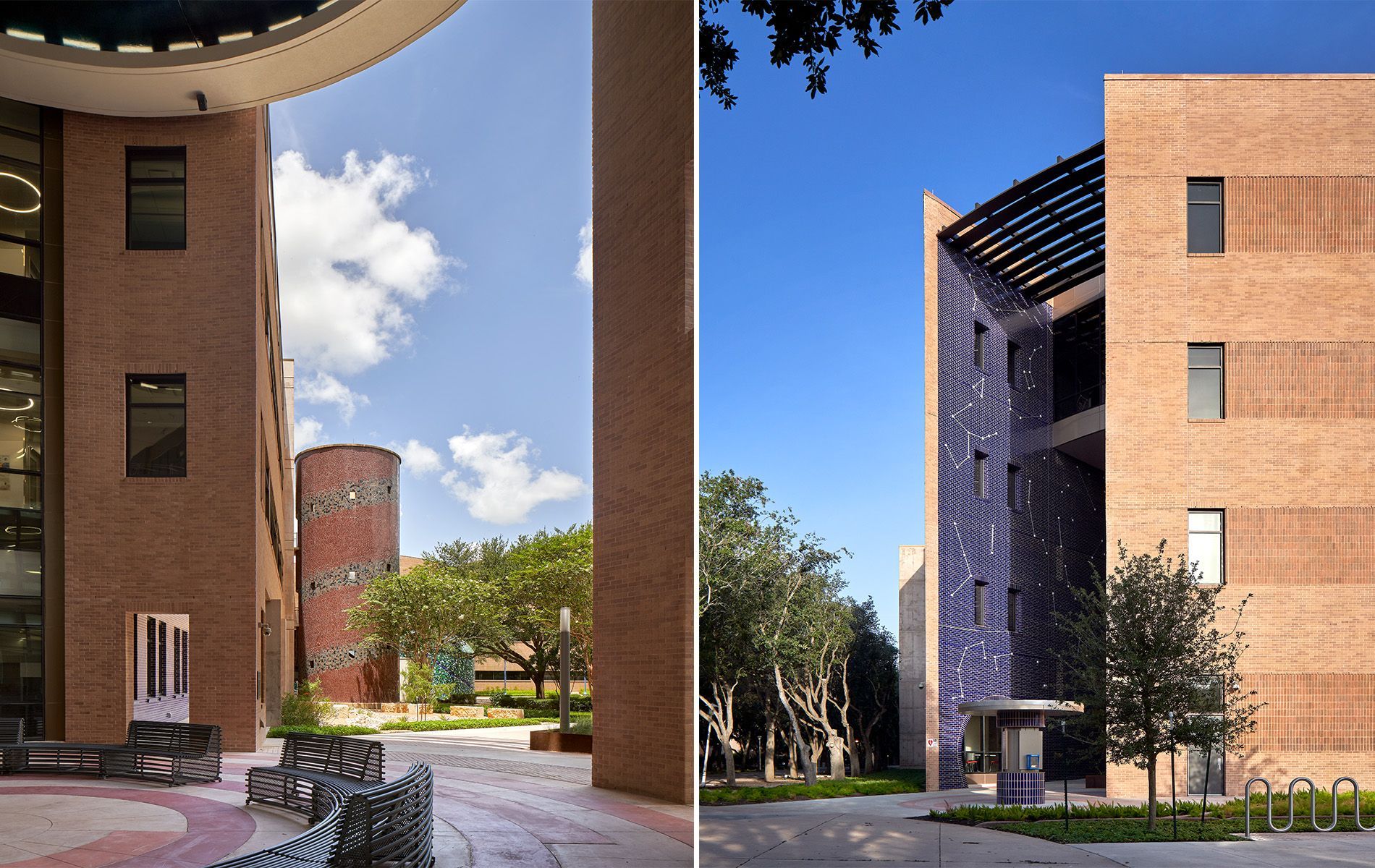 Split view of a brick campus courtyard with tall buildings, blue sky, and shaded walkways