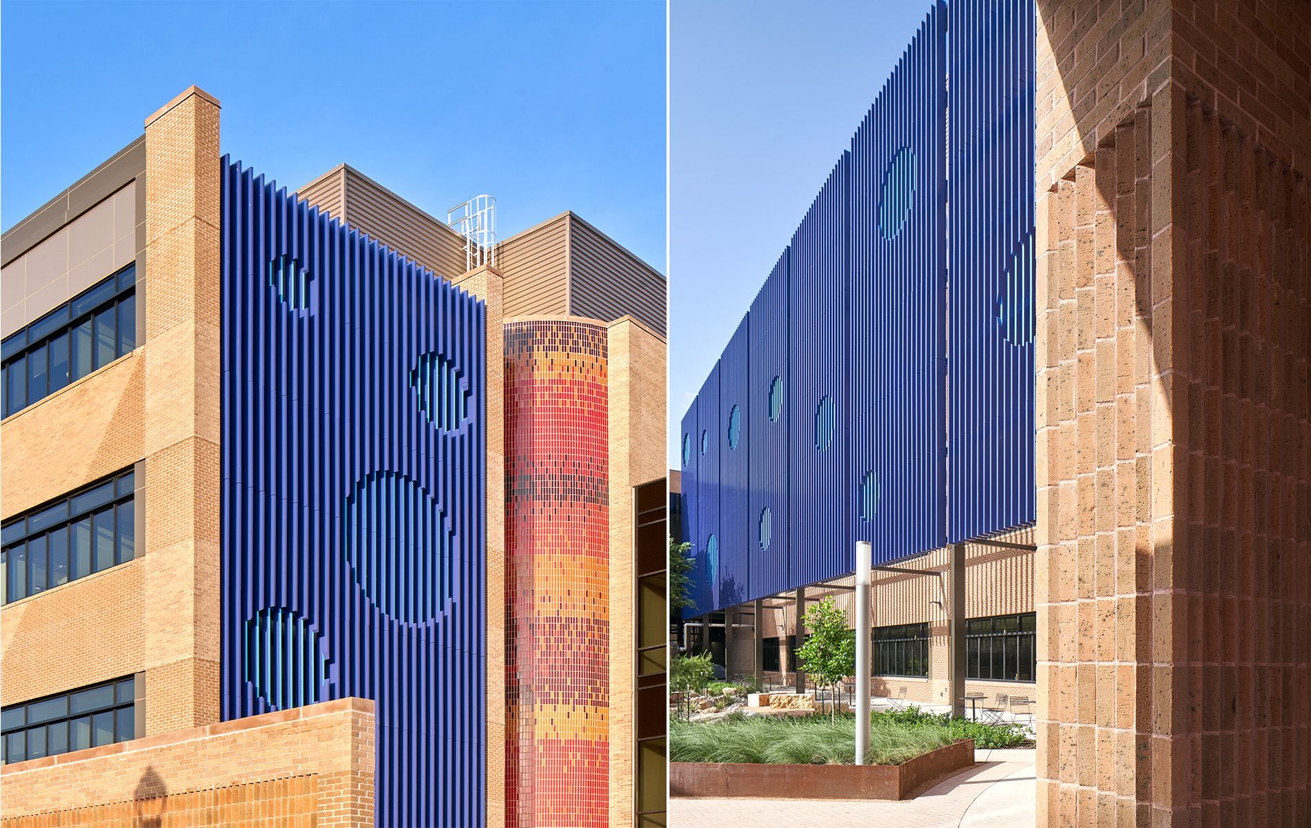 Modern building exterior with blue and tan facades and patterned wall panels