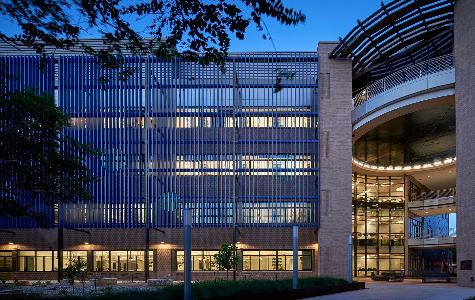 Modern glass office building at dusk, lit windows and curved entrance, framed by trees.