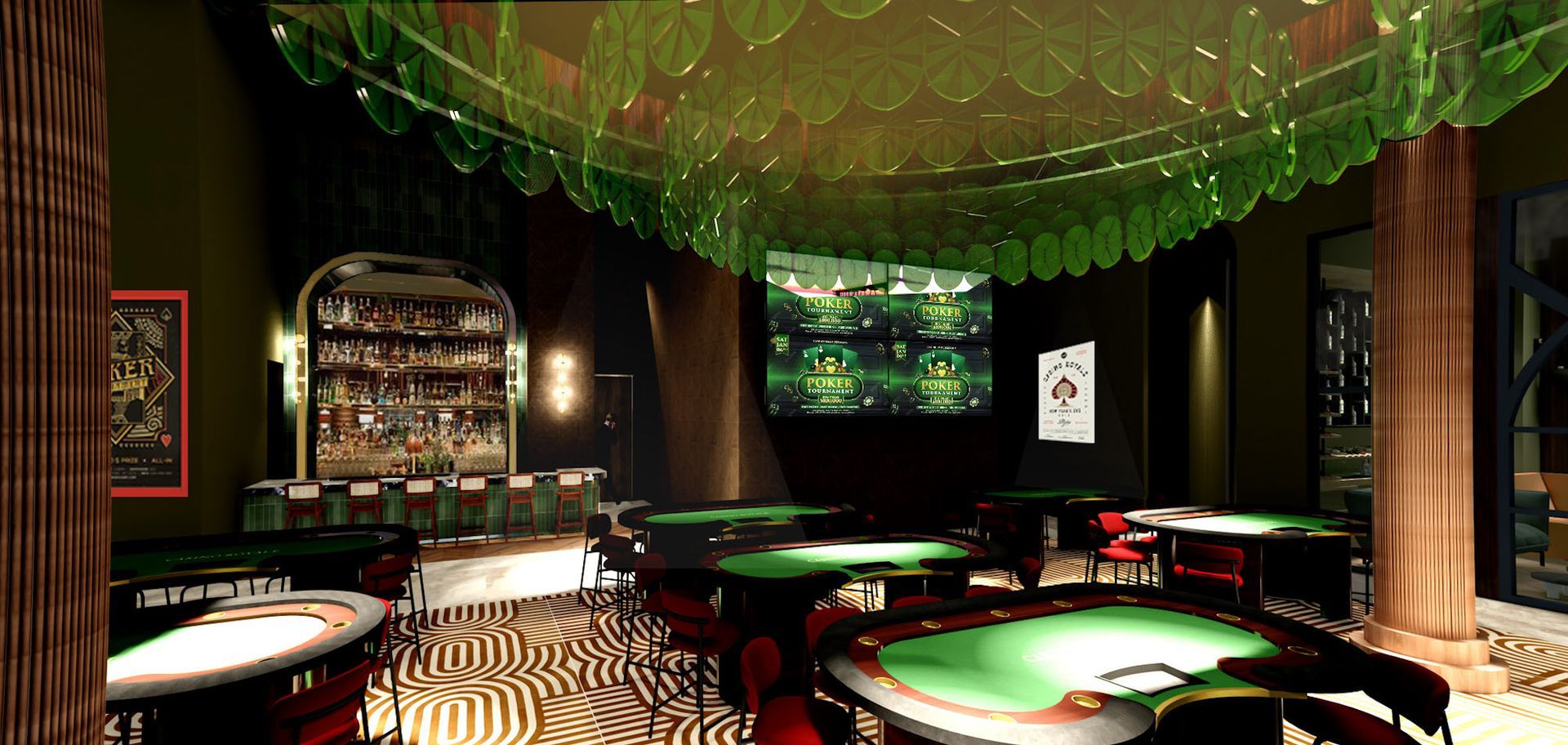 Elegant casino interior with green-lit ceiling, poker tables, and bar seating at night
