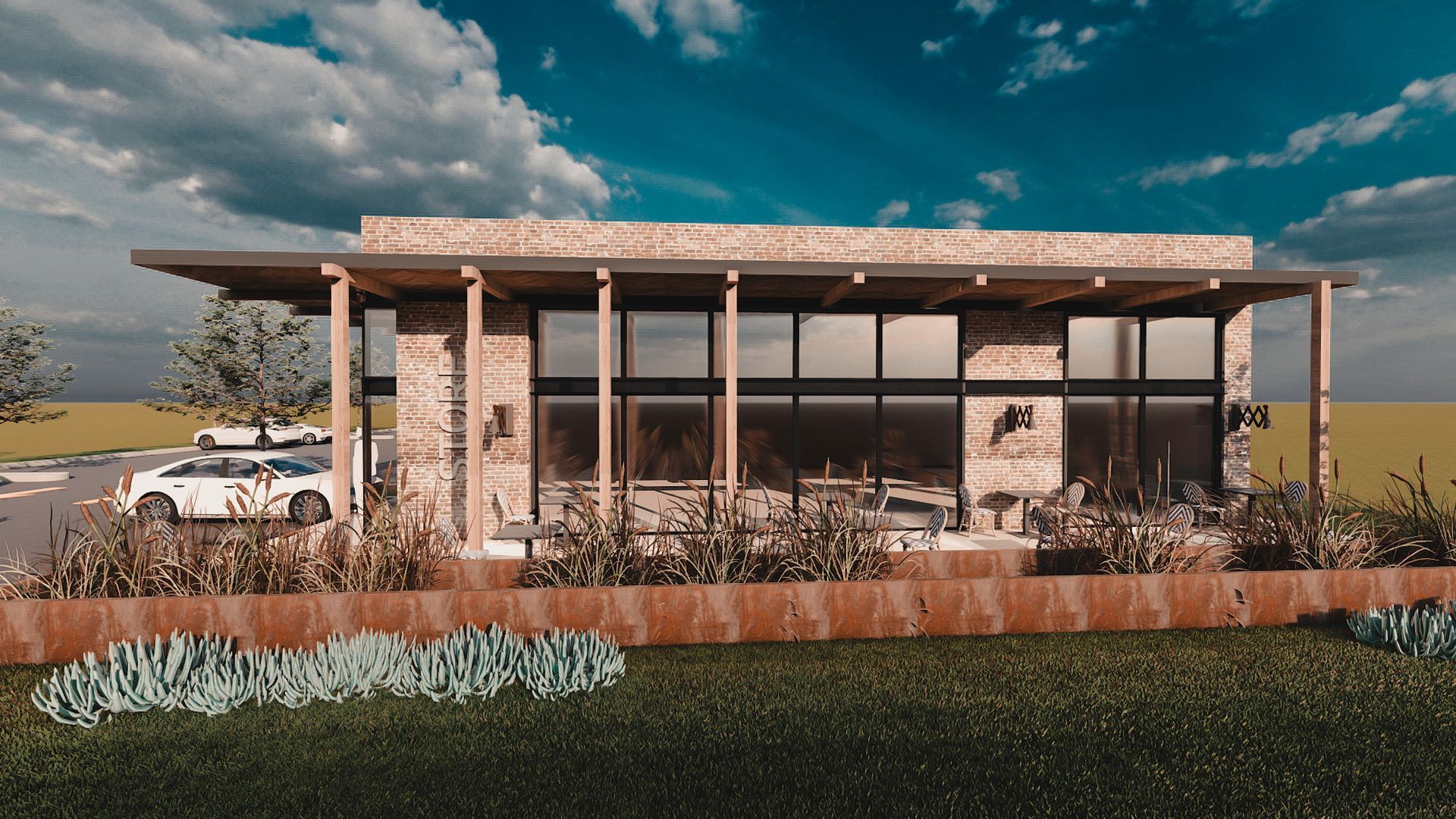Modern house with a flat roof, glass walls, and wooden columns in a landscaped yard with a car nearby