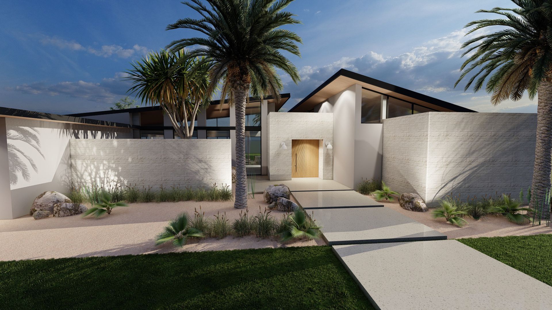Modern home exterior with white stucco walls, palm trees, and a paved walkway at dusk