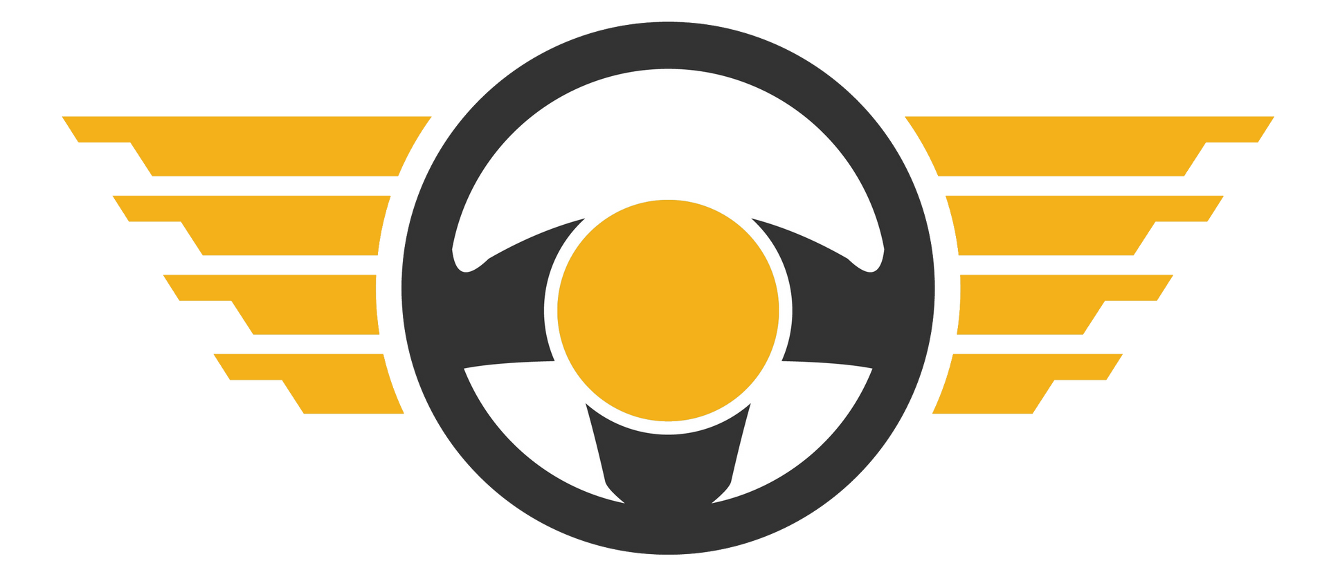 Logo with a black steering wheel with a yellow center, flanked by yellow wings.