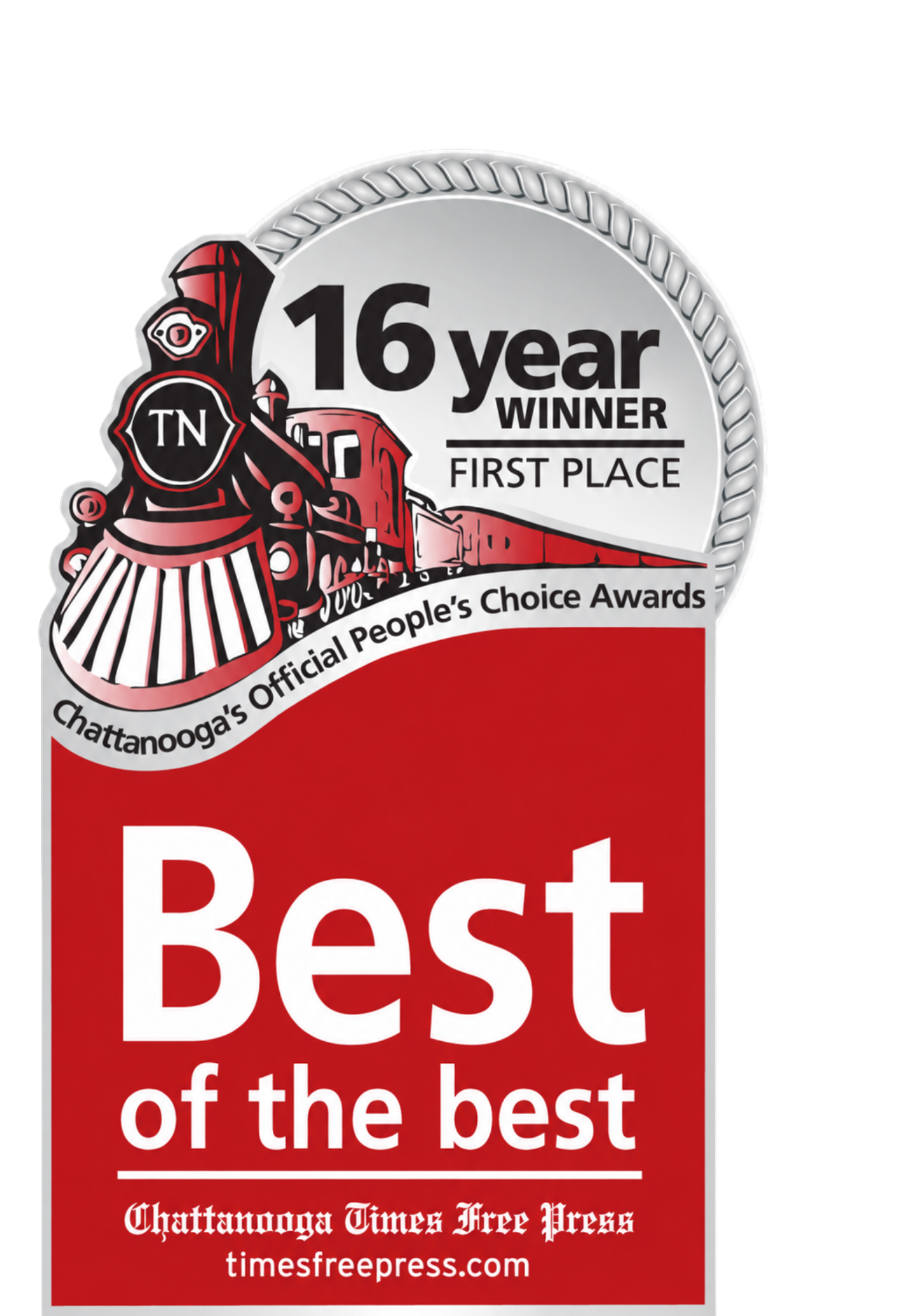 Best of the best award badge with red and silver design, marked “16 year winner” and “first place”