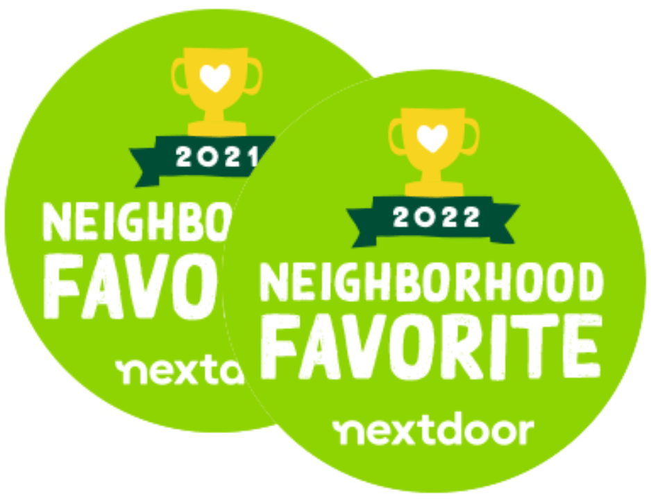 A green sticker that says neighborhood favorite next door