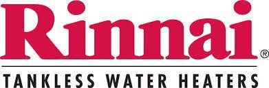 The logo for rinnai tankless water heaters is red and black.