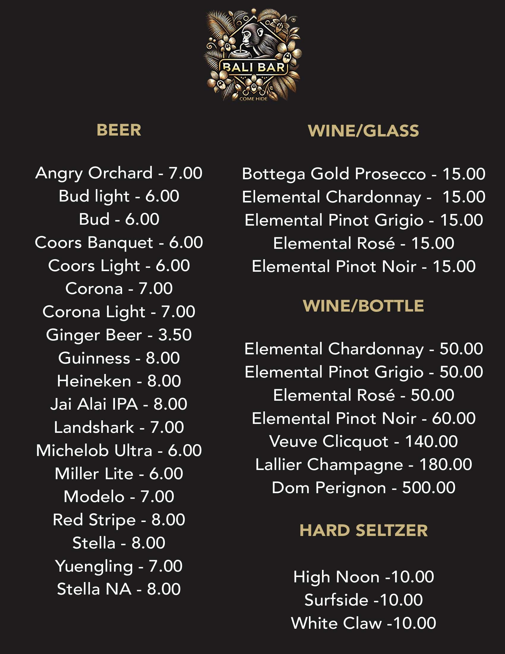 The Bali Bar Menu