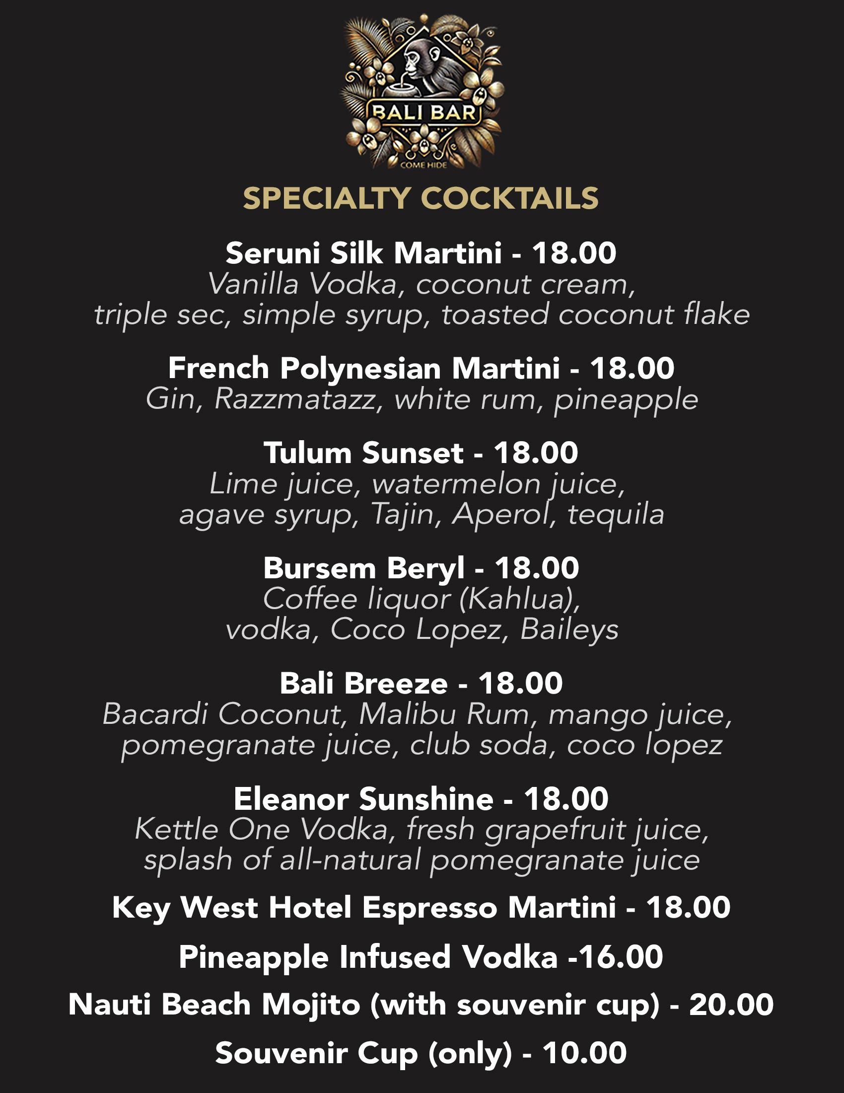 The Bali Bar Menu