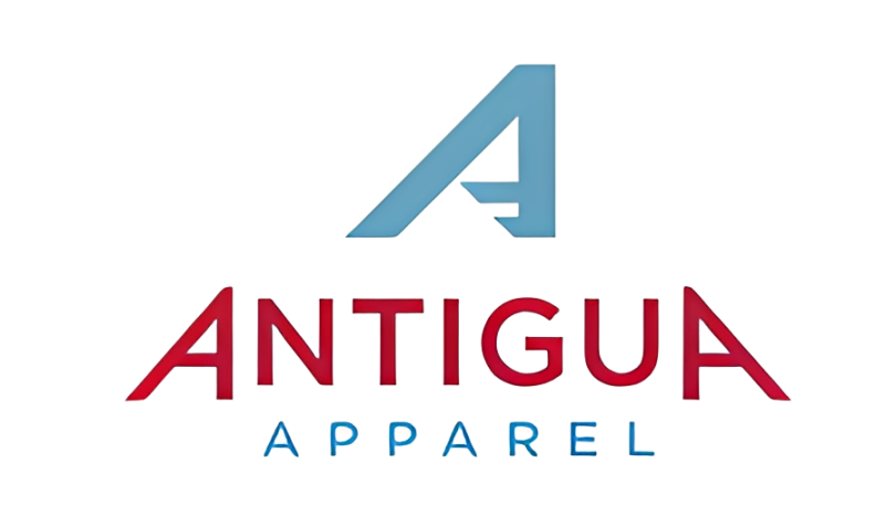 Antigua Apparel logo in red and blue with a stylized blue “A” icon above the text
