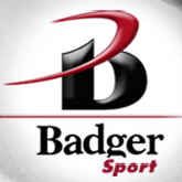 The logo for badger sport is a black and red logo with a red arrow.