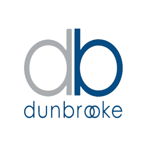 A blue and gray logo for dunbrooke on a white background