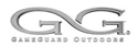 A close up of a gg logo on a white background.