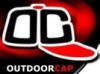 A logo for outdoor cap with a red hat on a red background.