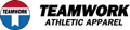 The teamwork athletic apparel logo is red , white and blue.