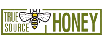 A black and white logo for true source honey with a bee on it.