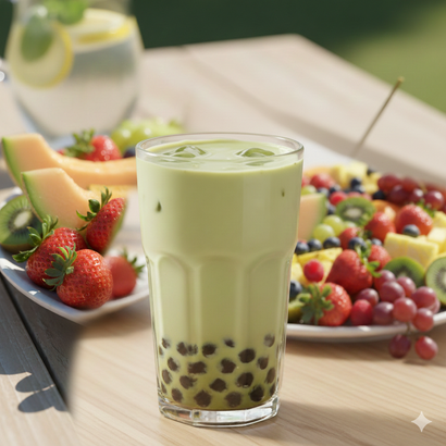 Un bicchiere di bubble tea al matcha, un piatto di frutta fresca e una bevanda rinfrescante su un tavolo di legno all'aperto.