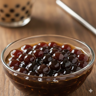 Perle di tapioca marroni in una ciotola di vetro, con una tazza di tè boba sfocata sullo sfondo.