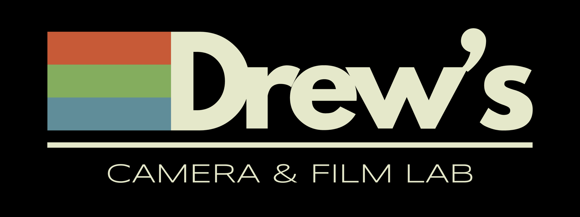 Drew’s Camera & Film Lab logo with multicolor bars and cream text on black background