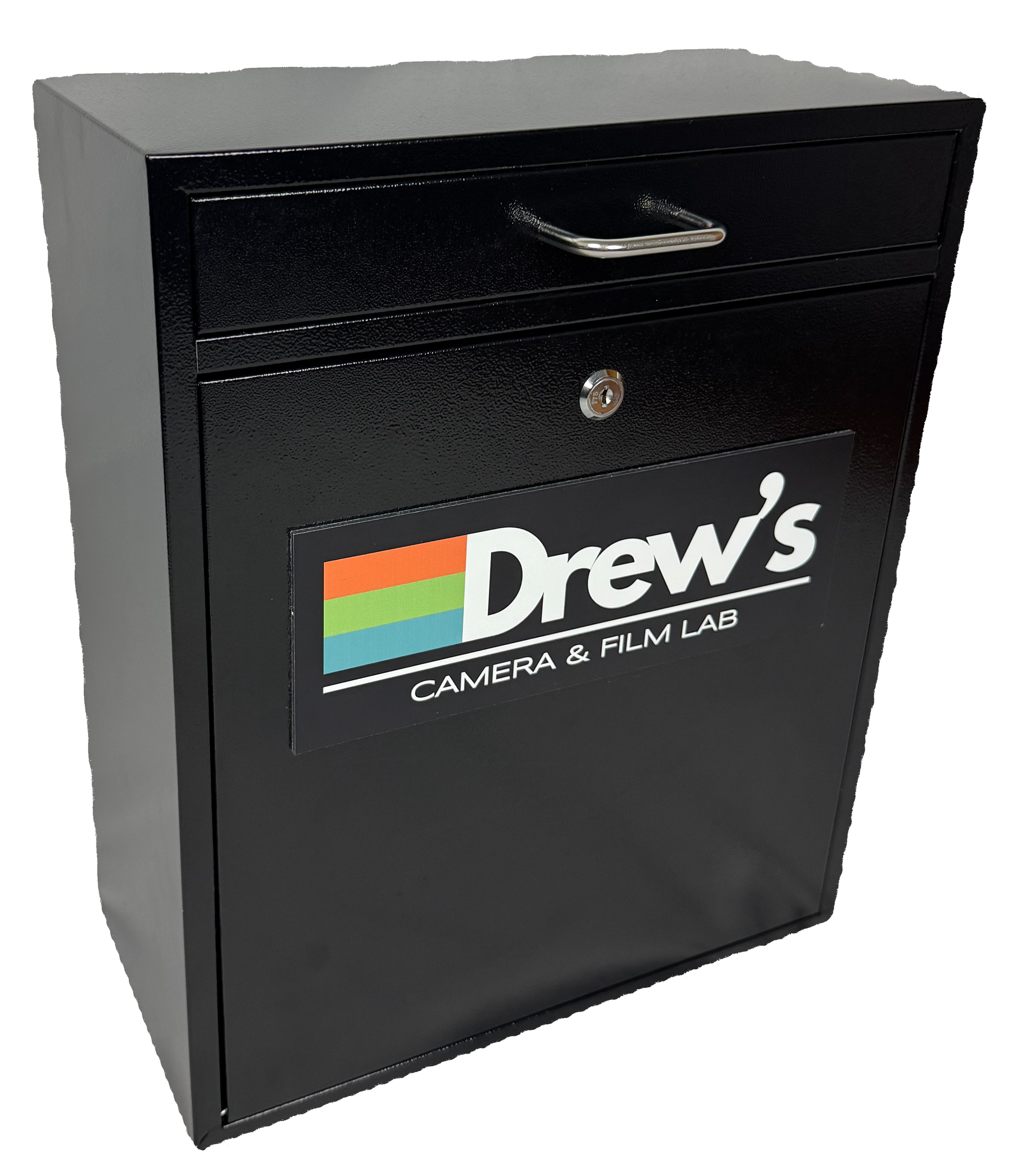 Black mail drop box with a Drew’s Camera & Film Lab logo on the front.