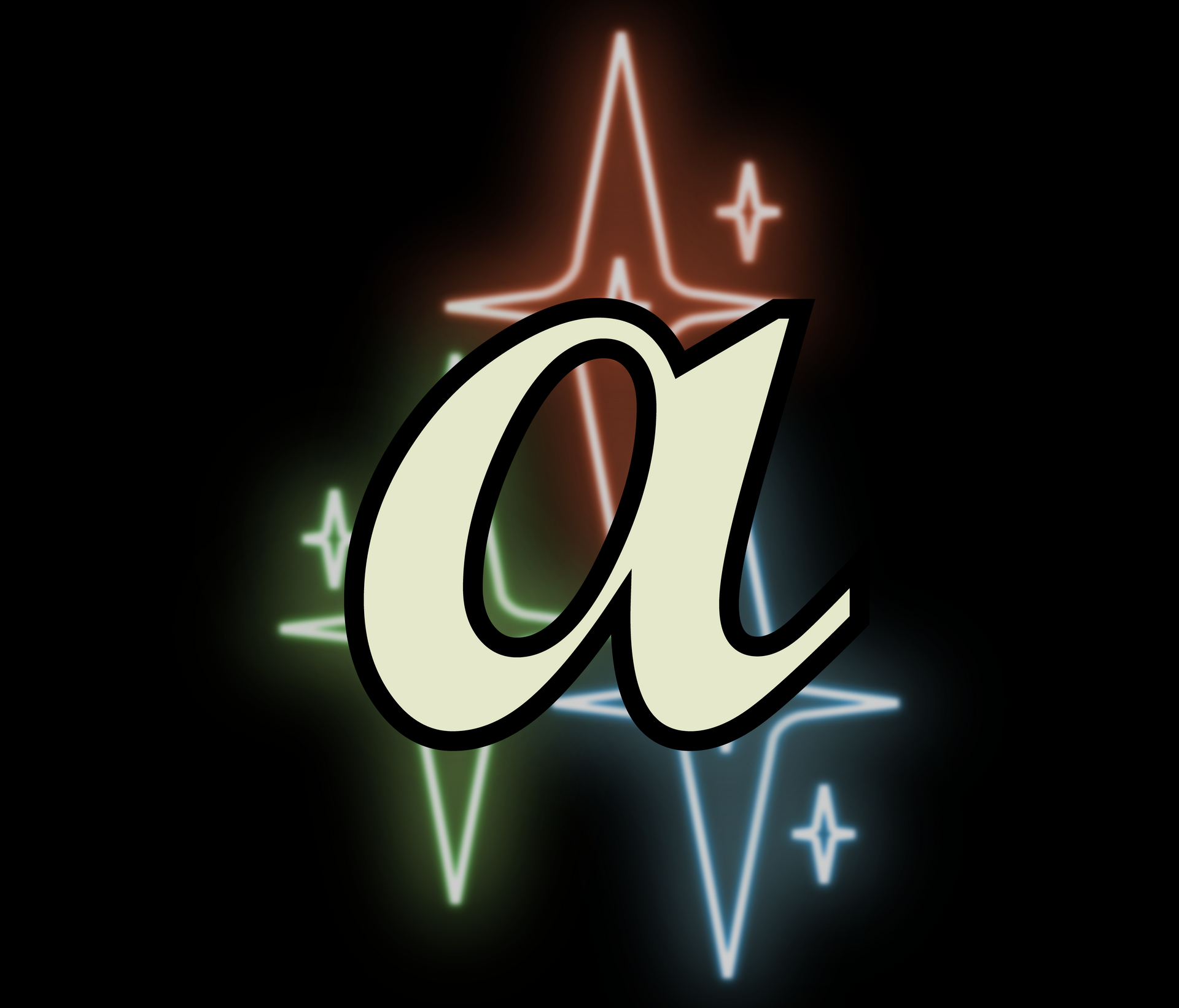 Stylized lowercase “a” over a black background with colorful neon waveform accents