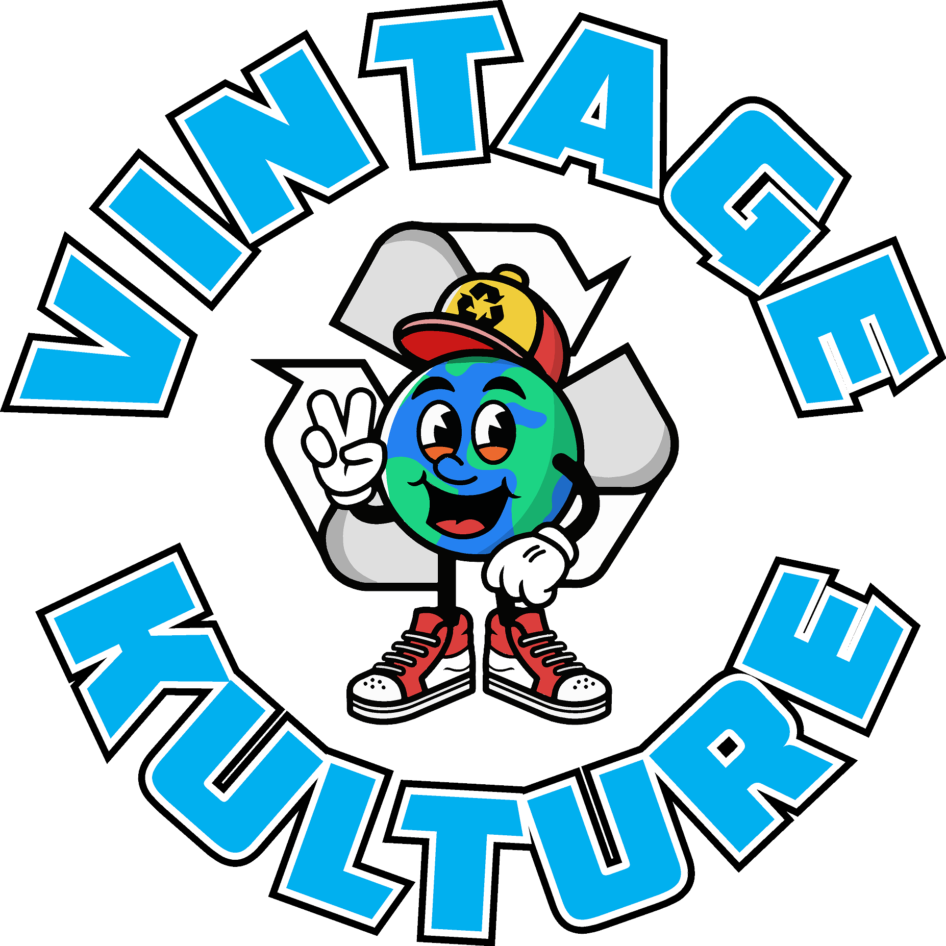 Vintage Kulture logo with a cartoon face in a cap, red sneakers, and blue circular text on white background