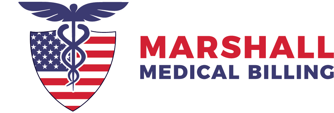 Logo for Marshall Medical Billing: shield with American flag, caduceus symbol, and company name in red.