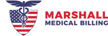 Logo for Marshall Medical Billing: shield with American flag, caduceus symbol, and company name in red.