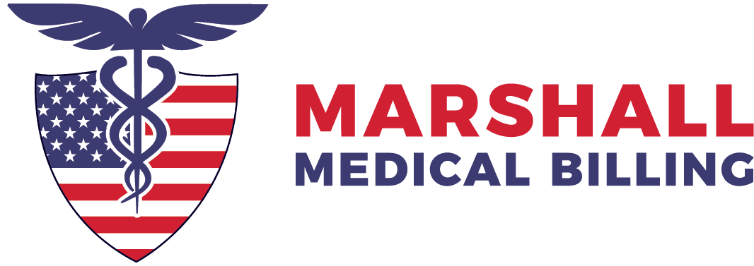 Logo for Marshall Medical Billing with a shield featuring a US flag and medical symbol.