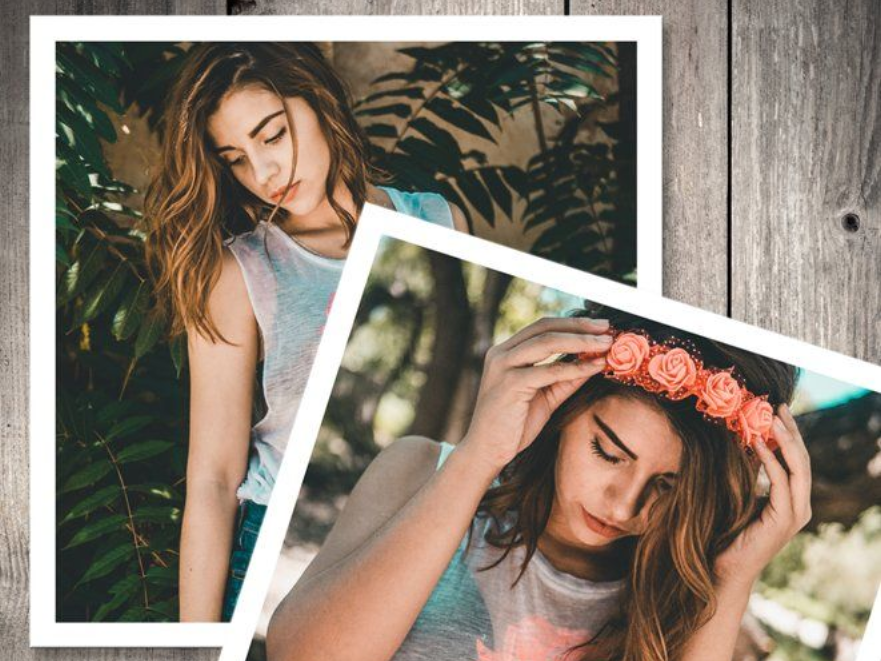 Two overlapping polaroid photos of a woman wearing a flower crown outdoors