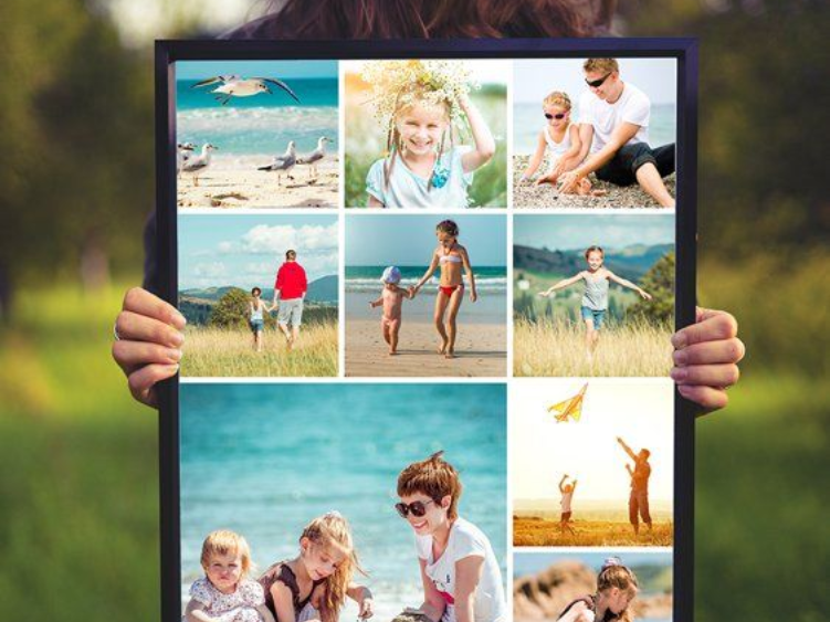 Collage of family beach vacation photos in a black frame, showing people playing, smiling, and relaxing outdoors