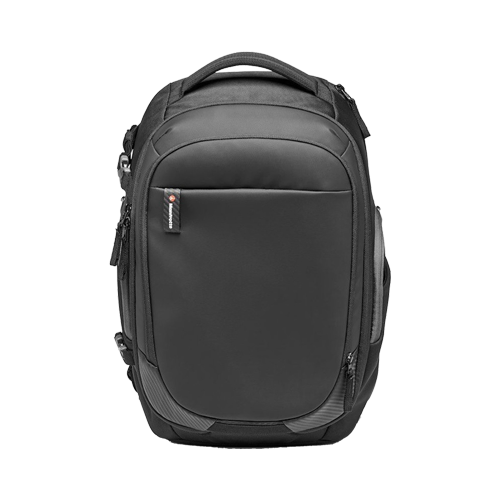 Black backpack with front zip pocket on a white background