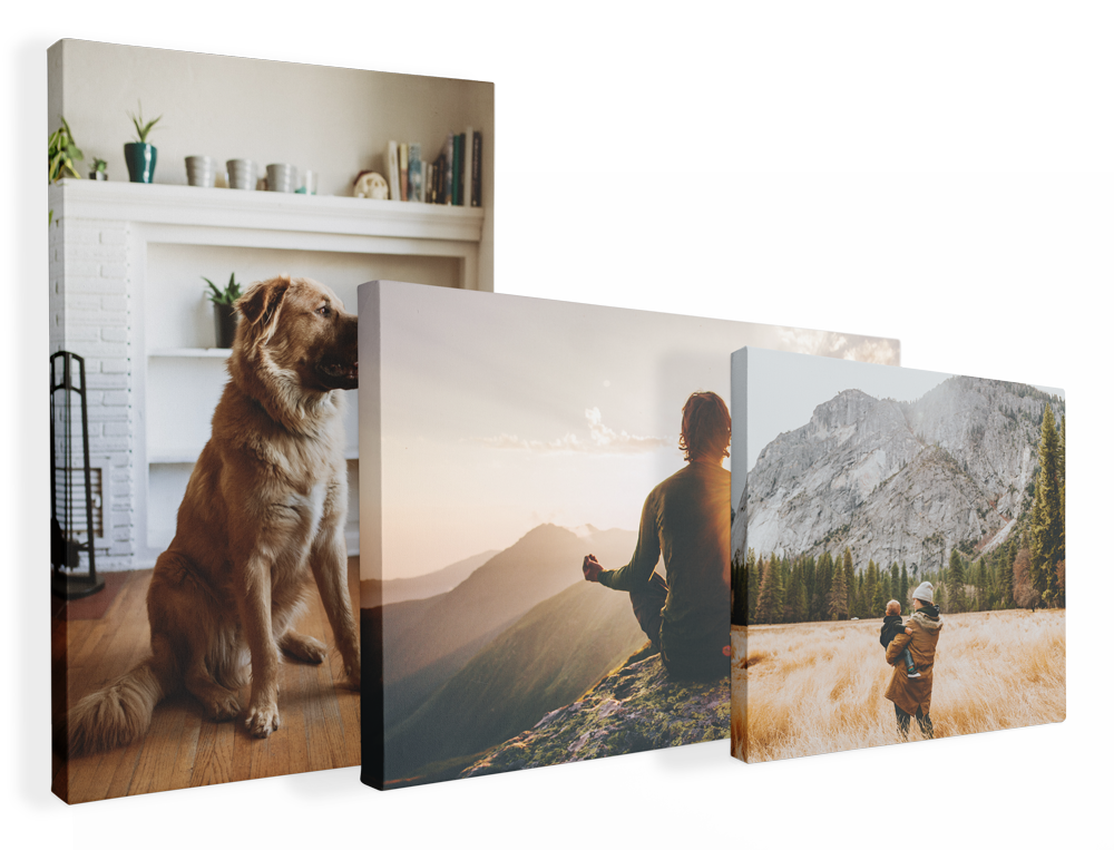 Three overlapping canvas prints: a dog indoors, a hiker at sunset, and a hiker by snowy mountains