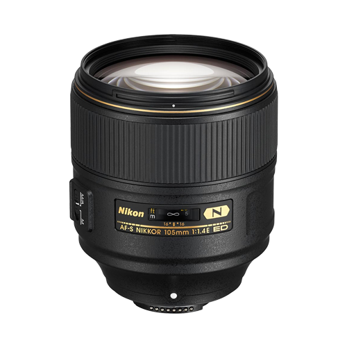 Black Nikon camera lens with gold label on white background