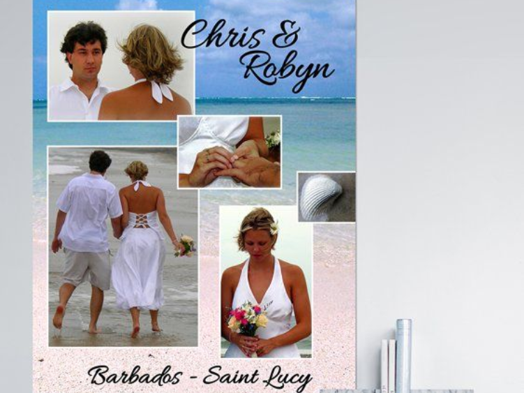 Wedding collage with beach photos labeled “Chris & Robyn” and “Barbados - Saint Lucia”