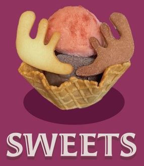ワッフルボウルにクッキーとアイスクリームスクープが入っています。紫色の背景に「Sweets」の文字。