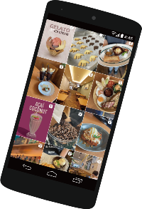 ジェラート、アサイーココナッツ、その他の料理を含む食べ物の写真のグリッドを表示するスマートフォン。