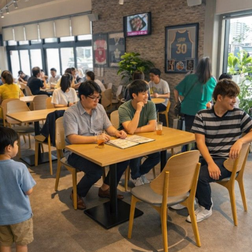 明るいカフェのテーブルに座った人々が、カジュアルなダイニングエリアで読書をしたり、おしゃべりをしたりしている。