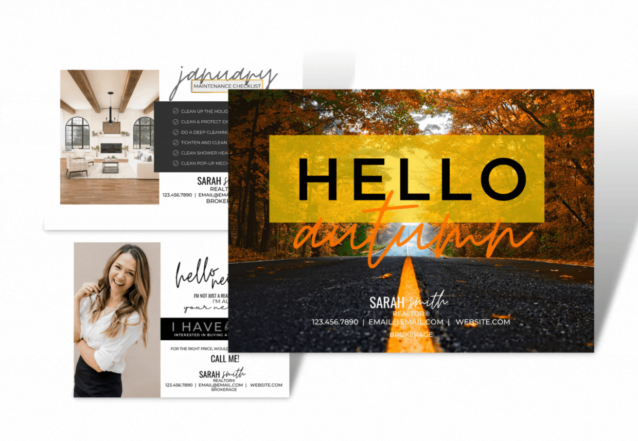 A woman is standing in front of a sign that says `` hello autumn ''.