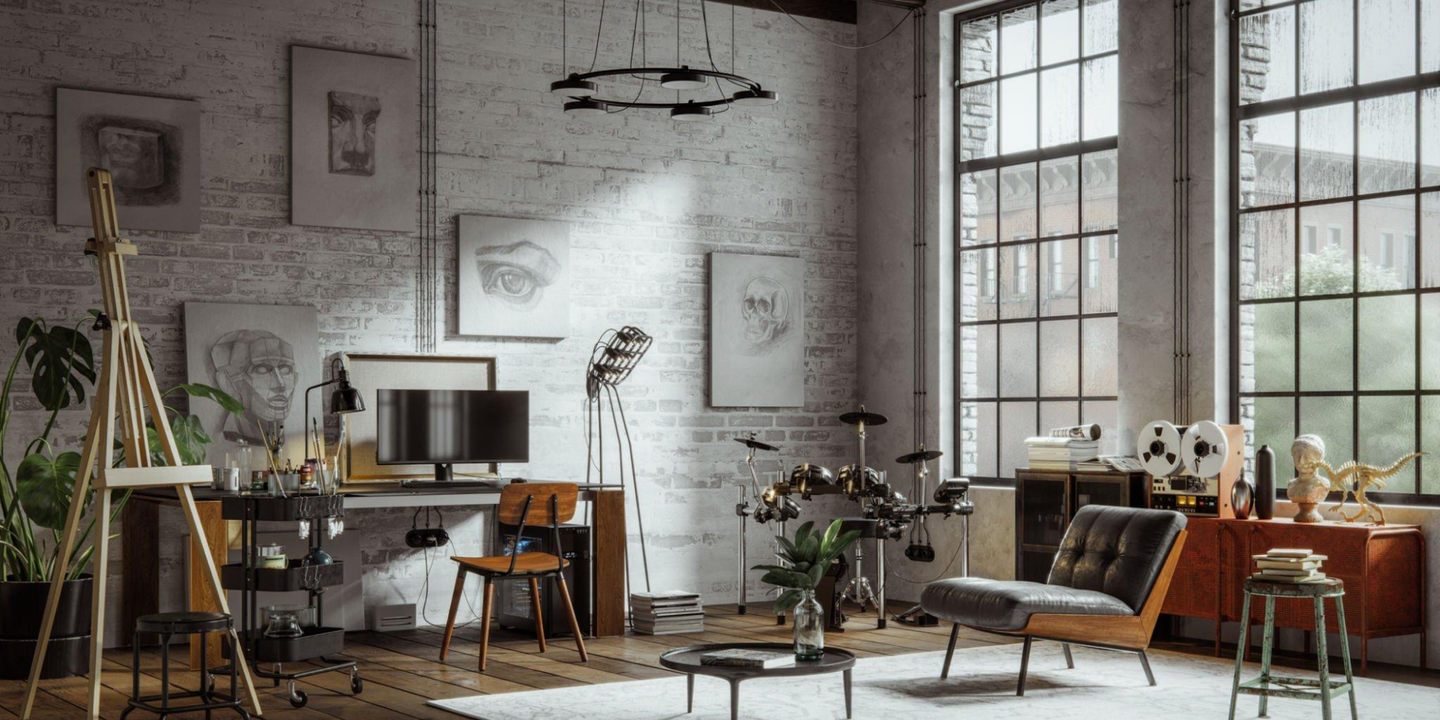 It is a living room with a lot of windows and furniture.